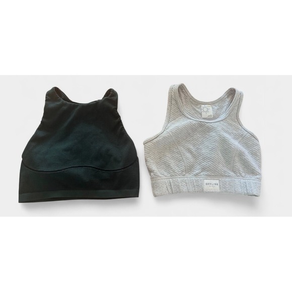 Aerie Offline Sports Bra Set 2 Gray Coffee Run Dark Green Seamless Waffle Small - Picture 1 of 12